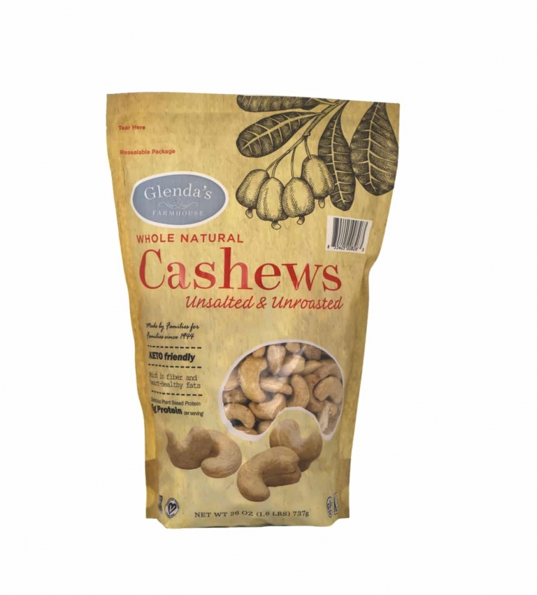 Glenda's Farmhouse whole natural cashews are unsalted and unroasted.