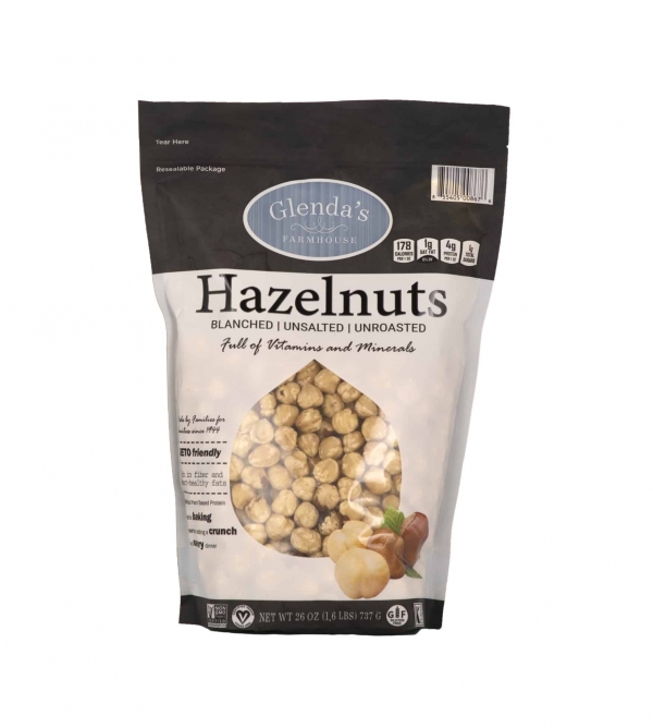 unroasted and unsalted blanched hazelnuts - 26oz front side of package