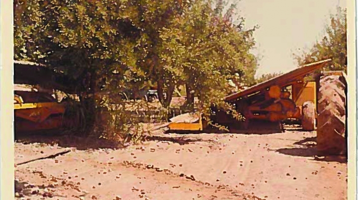 side view of yellow machine harvesting nuts